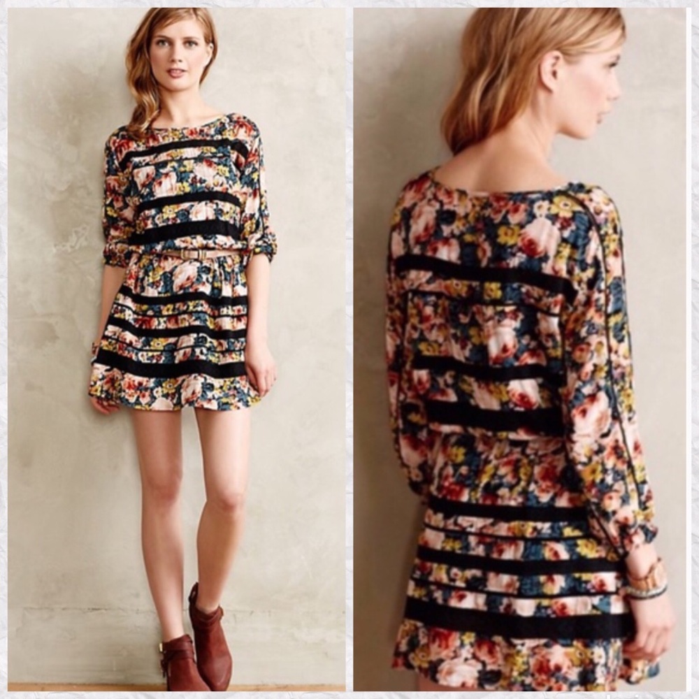 Anthropologie Floral Stripe Mini Dress in Black and Multicolor